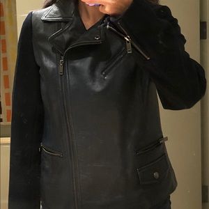 Banana Republic navy leather + wool jacket